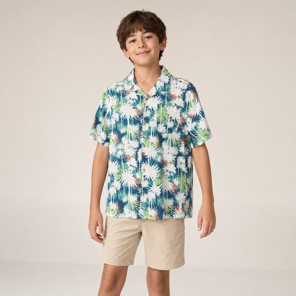 Sonoma Goods For Life Boys XL Tropical Palm Tree Button Down Shirt Blue Green